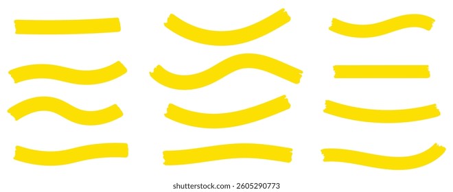 Yellow highlight marker lines, highlighters pen acid strokes. Underline brush or pen line for text, scribble permanent markers neoteric vector elements. Brush lines. Hand drawn marker strokes. Stripes