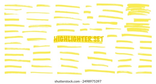 Gelbe Markierungslinien einzeln auf weißem Hintergrund. Verschiedene Marker Stift Striche mit verschiedenen Länge und Dicke handgezeichnet Set. Realistische Vektorgrafik moderne Design-Elemente.