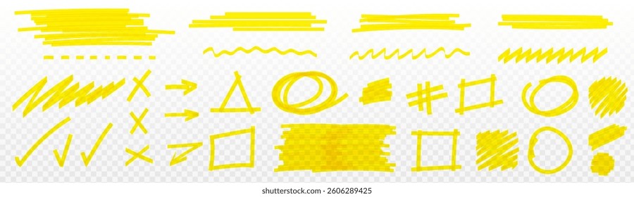 Yellow highlight marker lines set isolated on transparent background. Vector realistic illustration of color felt pen marks, doodle wave, check, zigzag strokes, scribbles for school banner design