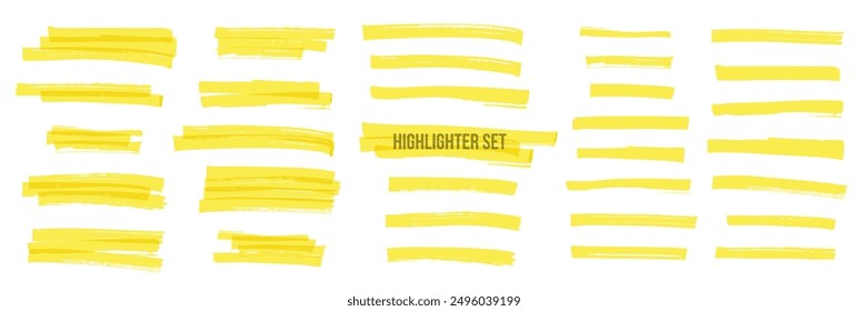 Yellow highlight marker stripes isolated on white background. Transparent marker pen lines hand drawn set. Vector graphic stylish design elements.