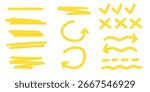 Yellow highlight marker strokes with brush lines, arrows and checkmarks for text emphasis or annotation designs. Hand drawn underlines, crosses and wavy accents. Correction marks set for notes.