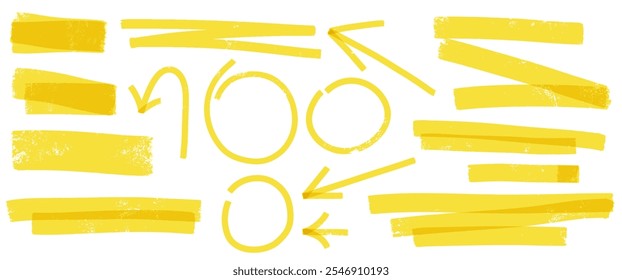 Yellow highlight marker vector set with strokes, lines and doodles. Emphasis notes, checks, and arrows in sketchy style. Hand drawn icons and shapes.