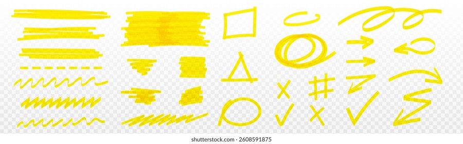 Yellow highlight marks set - hand drawn lines and circles, arrows and symbols for underlining text fragments, adding notes or making corrections. Bright highlighter strokes on transparent background.