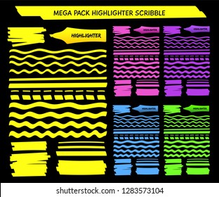 Yellow highlight pen hand drawn lines set vector illustration. Collection of wavy, dashed and straight highlight marks in green and violet, blue and pink felt pen colors for office style design