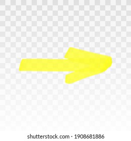 Yellow highlighter arrow isolated on transparent background. Marker pen highlight underline strokes. Vector hand drawn graphic stylish element