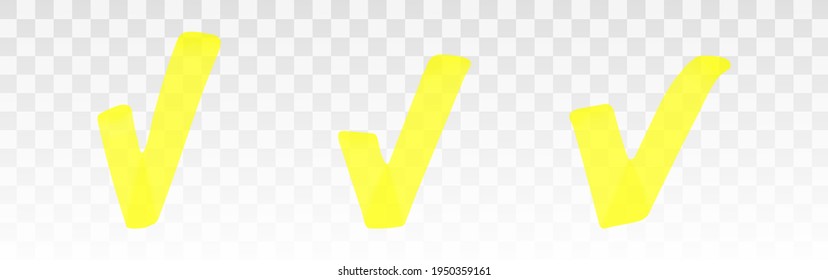 Yellow highlighter check mark set isolated on transparent background. Marker pen highlight underline strokes. Vector hand drawn graphic stylish element