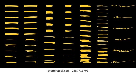 Yellow highlighter elements big set, hand drawn marker stripe. Underline, colorful text mark. Markers brushes underline collection. Vector illustration isolated on black background