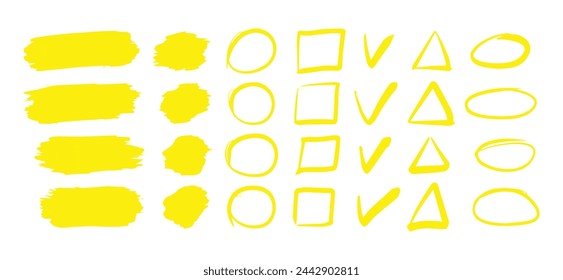 Yellow highlighter elements. Underline element, color text mark. Markers brushes underline neoteric vector set