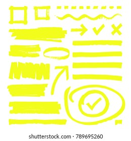 Yellow highlighter lines, arrows and frame boxes with grunge texture isolated vector stock. Sketch hand line and highlighter yellow illustration