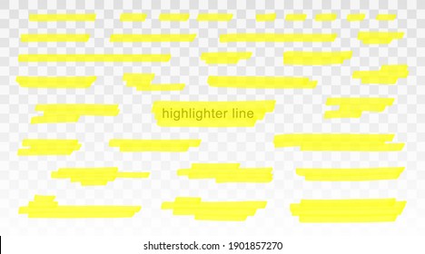 Yellow highlighter lines set isolated on transparent background. Marker pen highlight underline strokes. Vector hand drawn graphic stylish element