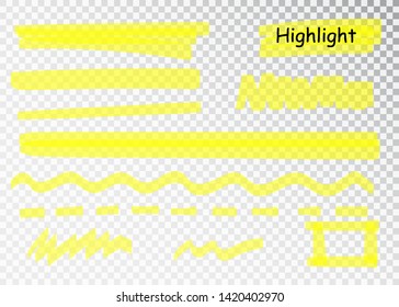 Yellow Highlighter Marker Strokes. Vector brush pen underline lines. Yellow watercolor hand drawn highlight set