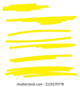 Yellow highlighter marker strokes. Vector brush pen underline lines.