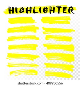 Yellow Highlighter Marker Strokes. Vector brush pen underline lines. Yellow watercolor hand drawn highlight set