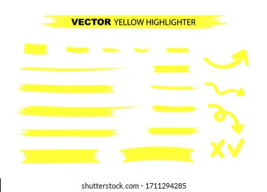 Yellow Highlighter Marker Strokes. Yellow watercolor hand drawn highlight set. Vector stock illustration
