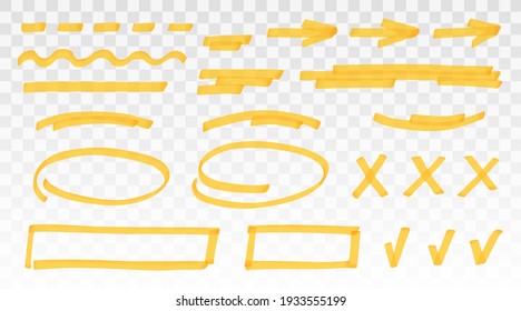 Yellow Highlighter Set - Lines, Arrows, Crosses, Check, Oval, Rectangle Isolated On Transparent Background. Marker Pen Highlight Underline Strokes. Vector Hand Drawn Graphic Stylish Element