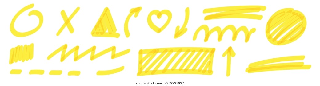 yellow highlighter squiggles and curvy stripes with funny elements. Includes arrows, feathers, dashes, swipes, and outlines. Flat vector illustration isolated on white background.