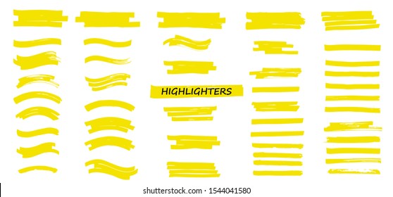 Yellow Highlighters Marker Strokes. Vector brushes lines. Marker color stroke. Yellow watercolor hand drawn highlight set. Brush pen underline lines.  Vector collection