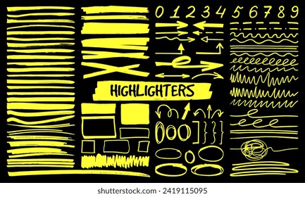 Yellow highlighters markers in hand-drawn style. Vector illustration with underlines, rounds, arrows, numbers, scribbles. Handwritten notes for text or on a school board.