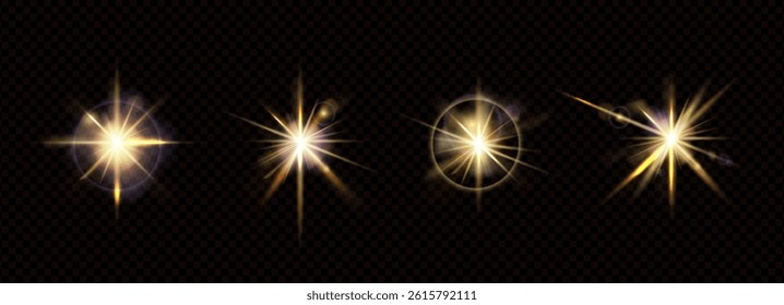 Yellow highlights on a dark background. Glowing stars effect. Set of golden sparkling blinks with circular reflection. Vector collection of bling sequins. Night shimmer and twinkle with bright beams.