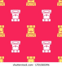 Yellow Hiking backpack icon isolated seamless pattern on red background. Camping and mountain exploring backpack.  Vector Illustration