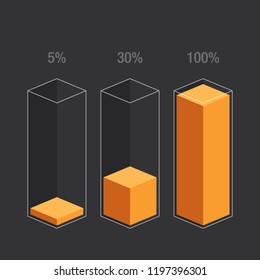 Yellow histogram glass bars 5% 30% 100% number text. Flat design interface illustration inforchart infographic elements for app ui ux web banner button vector isolated on black background
