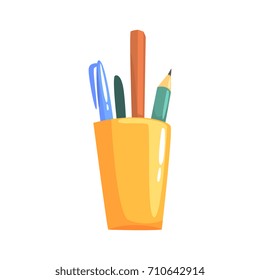 Yellow holder with pencils and pens, office tools cartoon vector Illustration