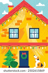 Yellow Holiday House brick. Vector Flat Style Illustration of Christmas Home wih Dog.  Blue Sky. 