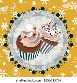 Gelbe Urlaubsmuster-Karte mit Cupcakes und Inschrift "Joy".