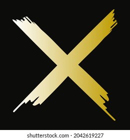 Yellow holographic cross on black background. Checklist mark. Choice icon. Abstract art. Vector illustration. Stock image.