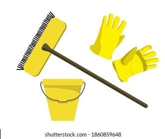 Yellow home cleaning set: mop, bucket and rubber gloves