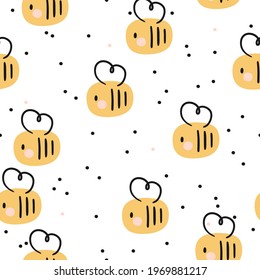 Yellow honey bees seamless repeat pattern on white a background. Boho neutral kids design for clothes, nursery decor, paper, cover, fabrics and more