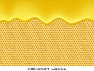 Yellow honey droplets flow down on the honeycomb. Vector design of drop honey syrup for desserts or cafeteria and cakes and cookies template for your advertising design.