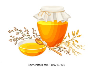 Yellow Honey in Glass Jar and Grain Crops as Thanksgiving Day Dessert Vector Illustration