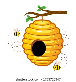Yellow honey hive with cute bees hanging on a tree branch vector image. Cartoon illustration isolated on white background 

