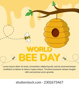 Yellow honey hive with cute bees hanging on a tree branch vector suitable for world bee day template