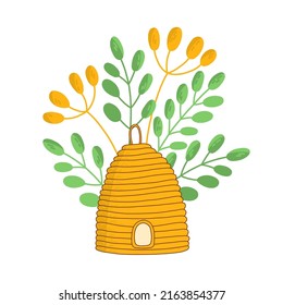 Yellow honey hive in grass. Cartoon illustration isolated on white background