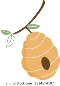 Yellow honey hive, hanging on a tree with leaves, branch vector image. Cartoon illustration isolated on white background, bee house symbol on white background vector illustration