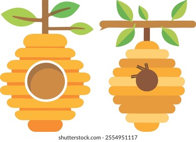 Yellow honey hive vector illustration, hanging on a tree with leaves, Cartoon illustration isolated on white background, bee house symbol vector illustration