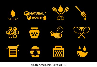 yellow honey icons set on black background