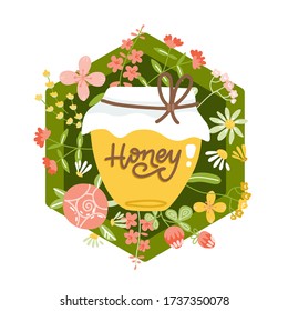 Yellow honey jar on background of wild flowers and plants. retail beehive products badge can be used for graphic, banner. Beekeeping summer theme. Vector flat hand drawn illustration.