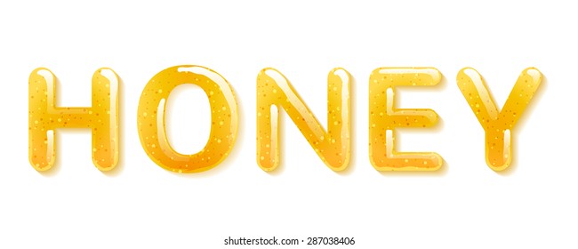 Yellow honey jelly word. Glossy letters isolated on white background.