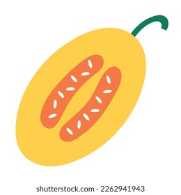 Yellow honey melon fruit cut in halves, illustration isolated on white background. Simple hand drawn art, doodle icon