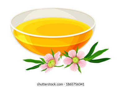 Yellow Honey Poured in Glass Bowl with Manuka or Tea Tree Pink Flowers Vector Illustration