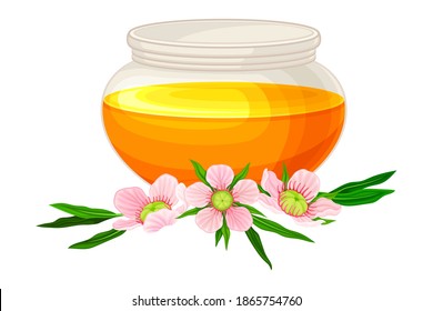 Yellow Honey Poured in Glass Jar with Manuka or Tea Tree Pink Flowers Vector Illustration