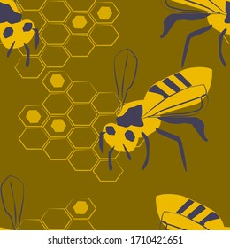 the yellow honeybee lays honey.on dark background.pattern.vector