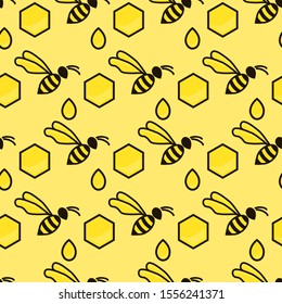 Yellow honeycomb and bee seamless pattern. Sweet ornament. Food vector illustration.