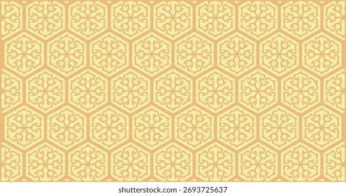 Yellow honeycomb geometric pattern with delicate decorative lines, perfect for textile or wallpaper use.
