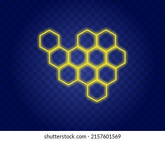 Yellow honeycomb neon signboard. Simple polygonal shape. Abstract poster. Shiny flyer. Glowing effect badge on transparent background. Editable stroke. Vector stock illustration