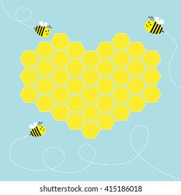 Yellow honeycomb set in shape of heart. Cute cartoon bee. Dash line in the sky. Beehive element. Honey icon. Love greeting card. Isolated. Blue background. Flat design. Vector illustration