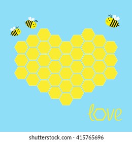 Yellow honeycomb set in shape of heart. Bee insect. Beehive element. Honey icon. Love greeting card. Isolated. Blue background. Flat design. Vector illustration